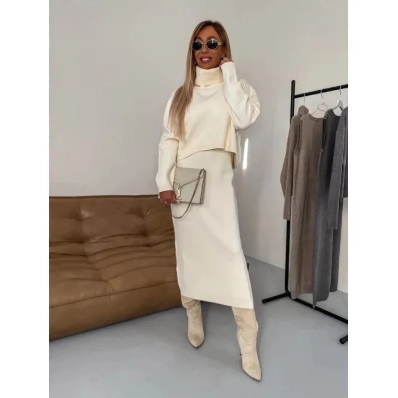 Ensemble élégant 2 pièces pull col roulé+jupe 