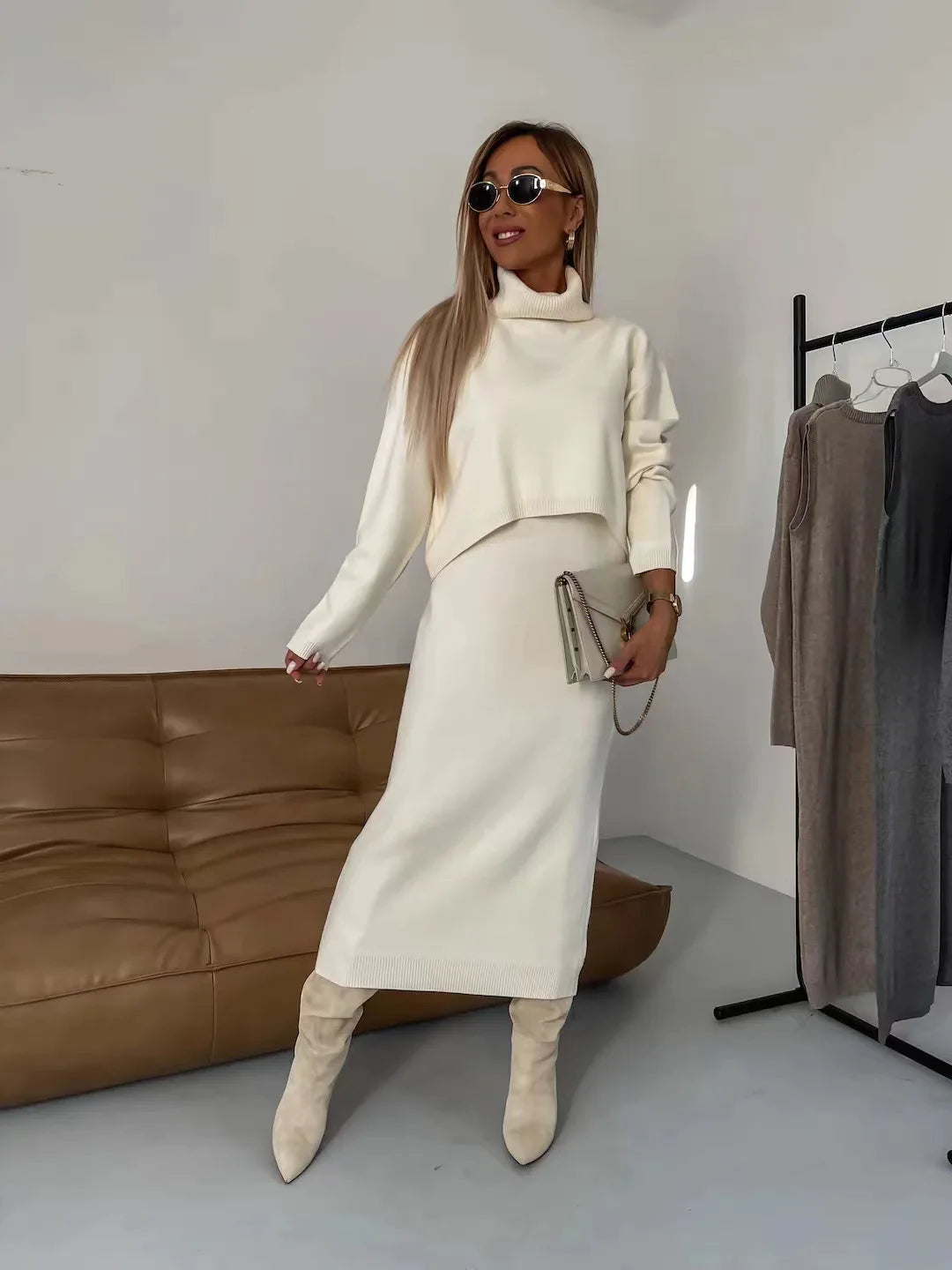 Ensemble élégant 2 pièces pull col roulé+jupe 