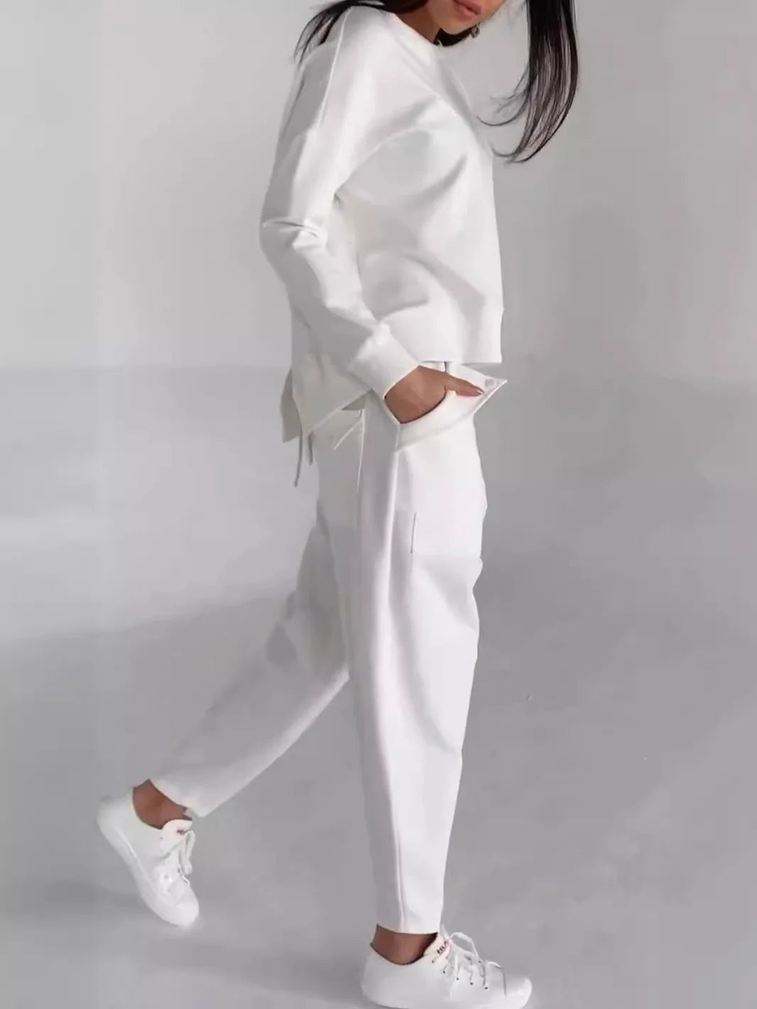 Top Col Rond et Pantalon à Lacets avec Poches 