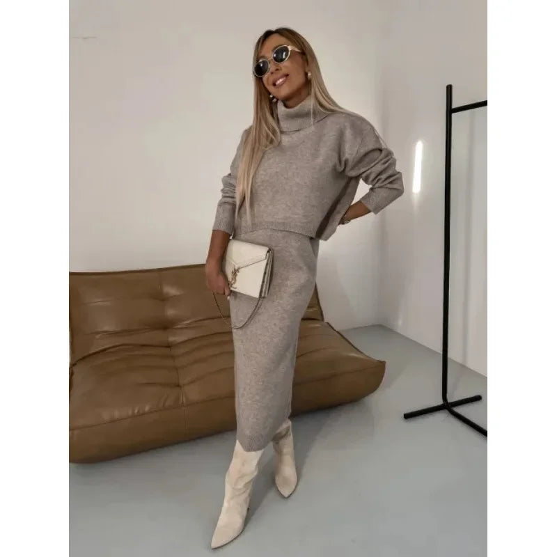 Ensemble élégant 2 pièces pull col roulé+jupe 