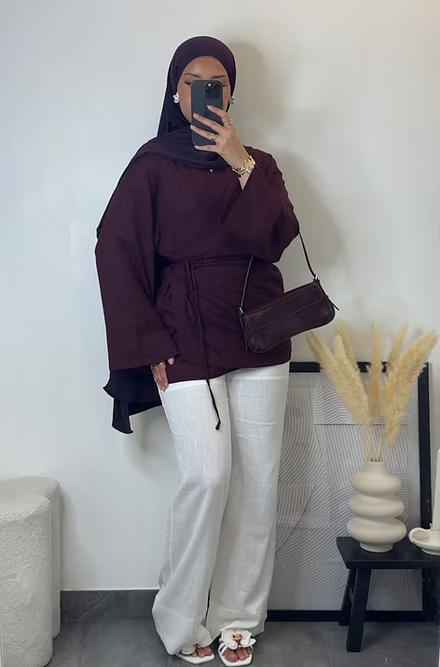 Kimono cache-coeur en lin - bordeaux