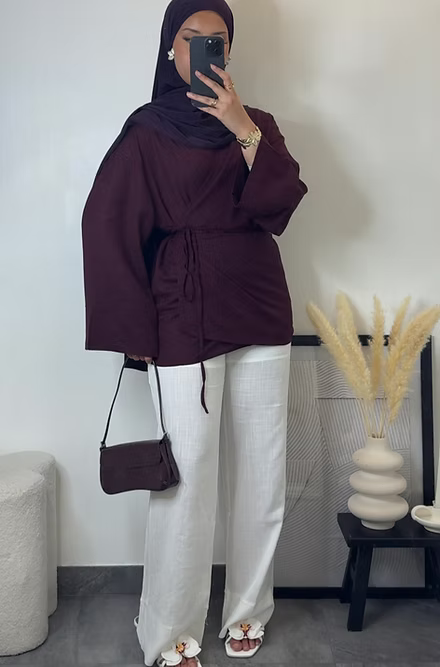 Kimono cache-coeur en lin - bordeaux